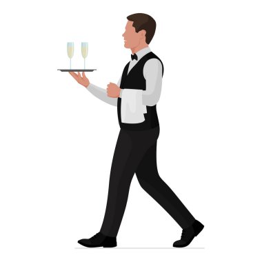 Mutfak çalışanı beyaz arka planda poz veriyor: Profesyonel zarif garson tepside köpüklü şarap servis ediyor ve yürüyor, profil görüşü, tüm vücut