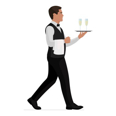 Mutfak çalışanı beyaz arka planda poz veriyor: Profesyonel zarif garson tepside köpüklü şarap servis ediyor ve yürüyor, profil görüşü, tüm vücut