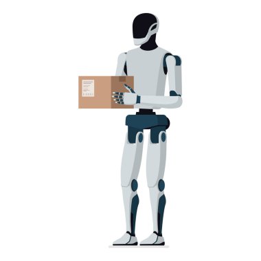 Otomatik insansı yapay zeka robotu bir paket teslim ediyor: teknoloji ve lojistik konsept