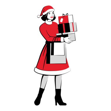 Noel Baba kostümü giymiş, elinde Noel hediyeleri, tatiller ve alışveriş konsepti olan güzel, klasik bir kadın.
