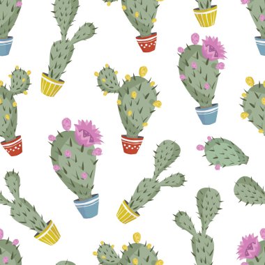 kaktüs bitki tencere clorful çiçek deseni