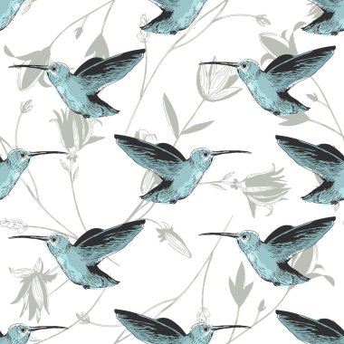 Mavi colibri siyah gri çiçekler kuş desen