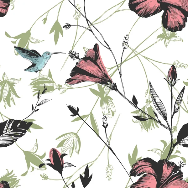 Colibri Farbe Blumen Hibiskus Vogel Muster — Stockvektor