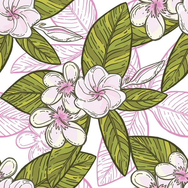 Flores patrón de plumeria rosa con hojas verdes — Vector de stock