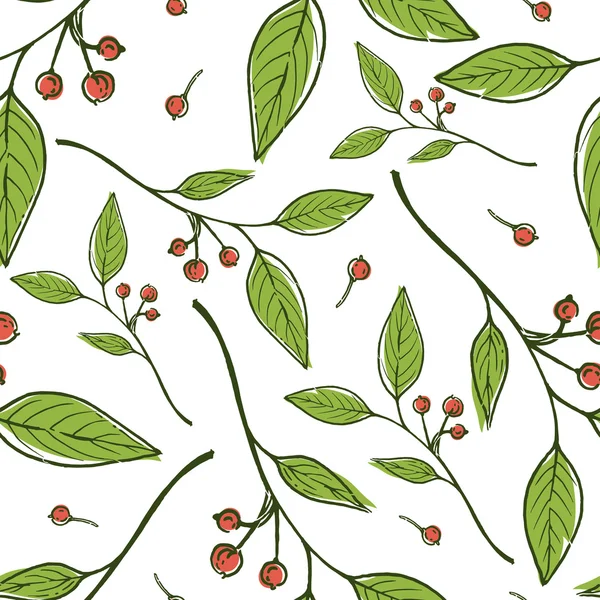 Hoja verde con patrón de bayas rojas — Vector de stock