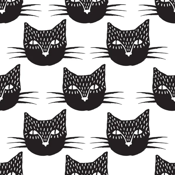 Gatos negro y blanco cara cabeza patrón — Vector de stock