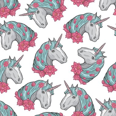 Tek boynuzlu at mavi yele desenli pembe boynuz baş