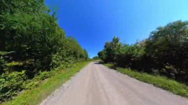 Geriye dönük kır yolu manzaralı araç plakası, bereketli ağaçlardan oluşan yüksek duvarlar. Manitoulin Adası 'nda sonbaharın başında kır yolunda araba kullanmak. Manitou Gölü yakınlarındaki Gibraltar Yolu, Ontario, Kanada.