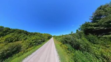 İleri görüşlü kır yolu ön plaka, verimli ağaçlardan oluşan yüksek kenar duvarlar. Manitoulin Adası 'nda sonbaharın başında kır yolunda araba kullanmak. Manitou Gölü yakınlarındaki Gibraltar Yolu, Ontario, Kanada.