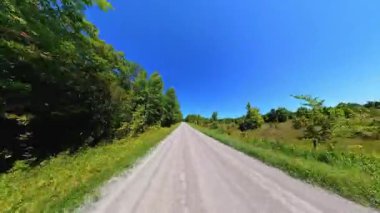 Geriye dönük kır yolu manzaralı araç plakası, bereketli ağaçlardan oluşan yüksek duvarlar. Manitoulin Adası 'nda sonbaharın başında kır yolunda araba kullanmak. Manitou Gölü yakınlarındaki Gibraltar Yolu, Ontario, Kanada.