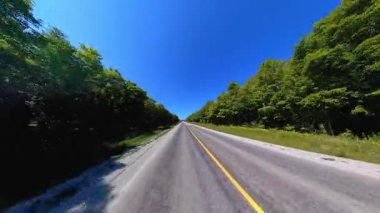 Geriye dönük kır yolu manzaralı araç plakası, bereketli ağaçlardan oluşan yüksek duvarlar. Manitoulin Adası 'nda sonbaharın başında kır yolunda araba kullanmak. Manitou Gölü yakınlarındaki Gibraltar Yolu, Ontario, Kanada.