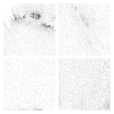 Bir dizi sıkıntılı siyah beyaz doku. Beyaz arka planda izole edilmiş koyu kumlu doku. Gece gökyüzü tozu desenli. Tahıllı, kirli, gürültü parçacıkları. Vektör.