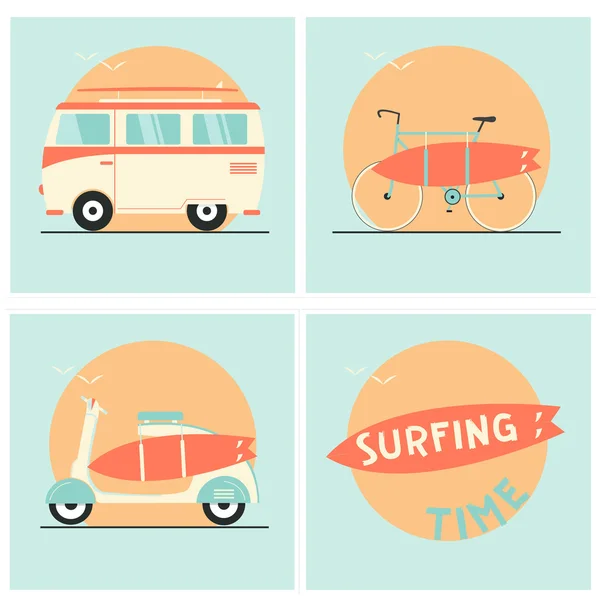 Tabla de surf, bicicleta, furgoneta y scooter — Vector de stock