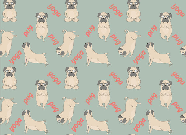 Pugs meditation yoga pattern. Cute dogs. Vector seamless pattern