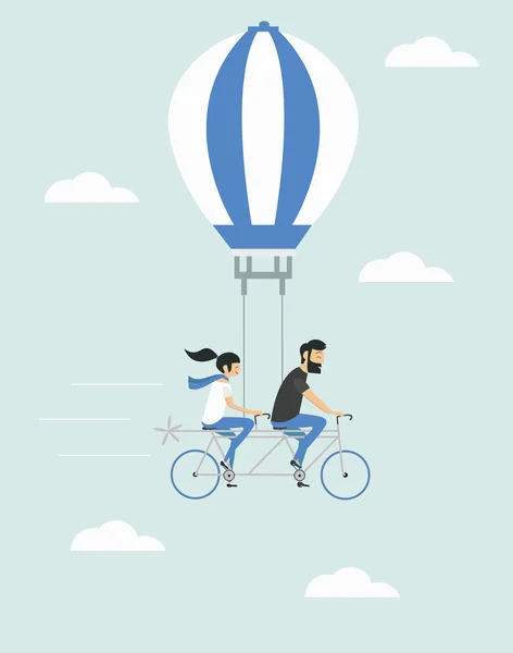 年轻夫妇在气球骑自行车. — 图库矢量图片