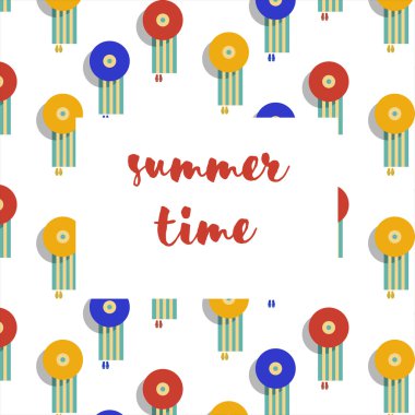 Renkli plaj şemsiyesi. Yaz sezonu için deniz yaz tatili başlıklı havlu ve flip flop