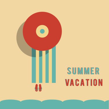 Renkli plaj şemsiyesi. Yaz tatili başlıklı havlu ve flip flop