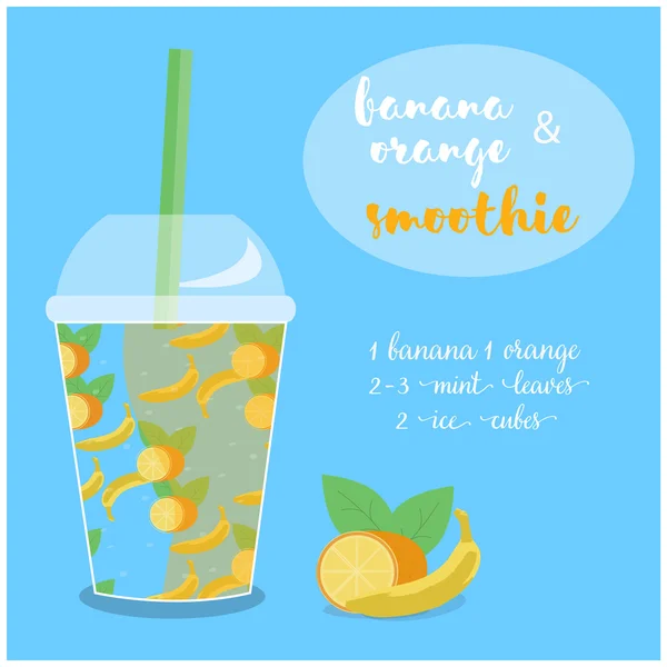 Vektorillustration von Bananen- und Orangen-Smoothie-Rezept mit Zutaten. — Stockvektor