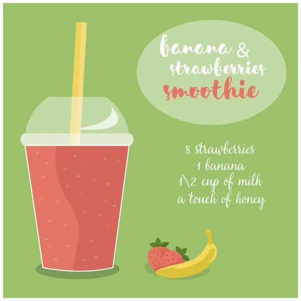 Vector illustration of Banana and Strawberries Smoothie recipe with ingredients. — Stock Vector