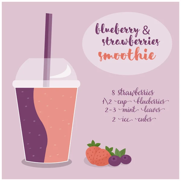 Vector illustration of Blueberry and Strawberries Smoothie recipe with ingredients — Stock Vector