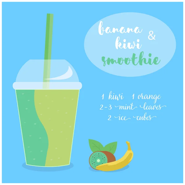 Ilustración vectorial de Banana y Kiwi Smoothie receta con ingredientes . — Vector de stock