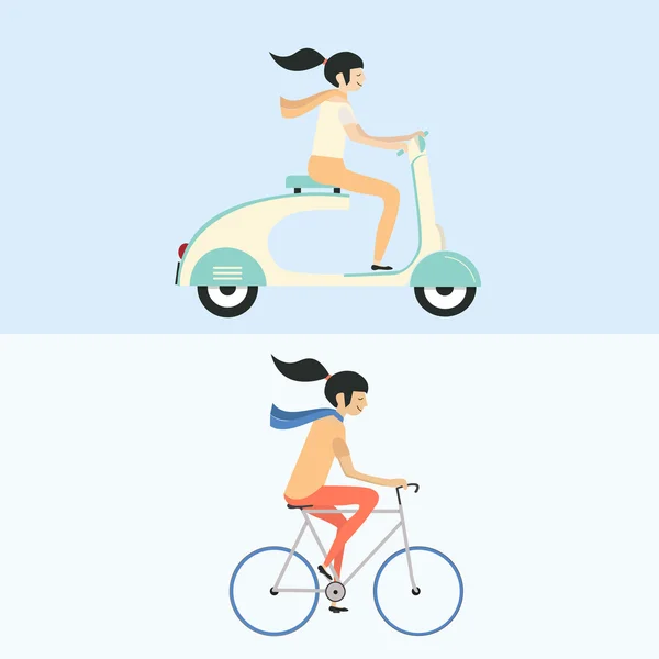 Chica con bicicleta y bicicleta — Vector de stock