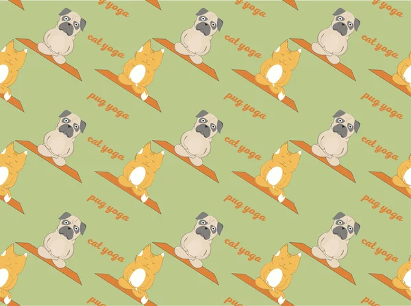 Pugs and cats meditation yoga pattern. Cute animals. Vector seamless pattern — Stock Vector