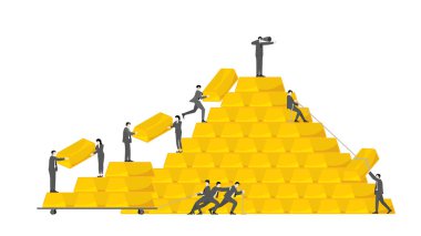 Vizyoner Liderlik ve İş Takımı Küresel Yatırım Başarı Konsepti İçin Büyük Altın Çubuk Piramidi İnşa Ediyor