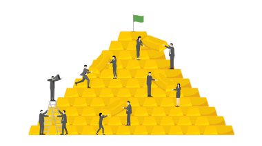 Liderlik ve Takım Çalışması Konsepti. İş Yöneticisi Varlık ve Başarı İçin Altın Çubuklar Piramidi Yapacak.