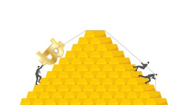 İş ekibi altın külçeleri üzerine dev altın Bitcoin sembolü çekiyor. Kripto para yatırımı kavramı, dijital varlık çeşitlendirmesi ve BTC ile altın piyasası dengesizliği.