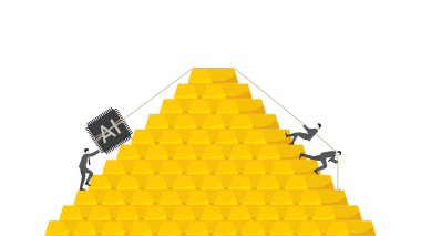 İş ekibi, yapay zekayı altın çubuk piramidinin üzerine çekiyor. Finansal ticaret ve altın piyasası yatırımlarında yapay zeka teknolojisi kavramı.