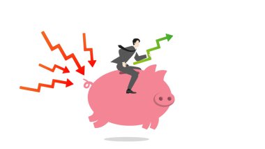 Yeşil yukarı doğru bir grafik tutarken, pembe bir kumbaraya binen işadamı, zenginliğin korunmasını ve çevik kar fırsatları kavramını temsil ediyor..