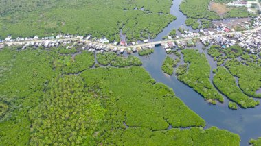 Beton yol ve mangrovlarda bir köy, manzarası çok güzel. Sudaki evler, Filipin köyü.