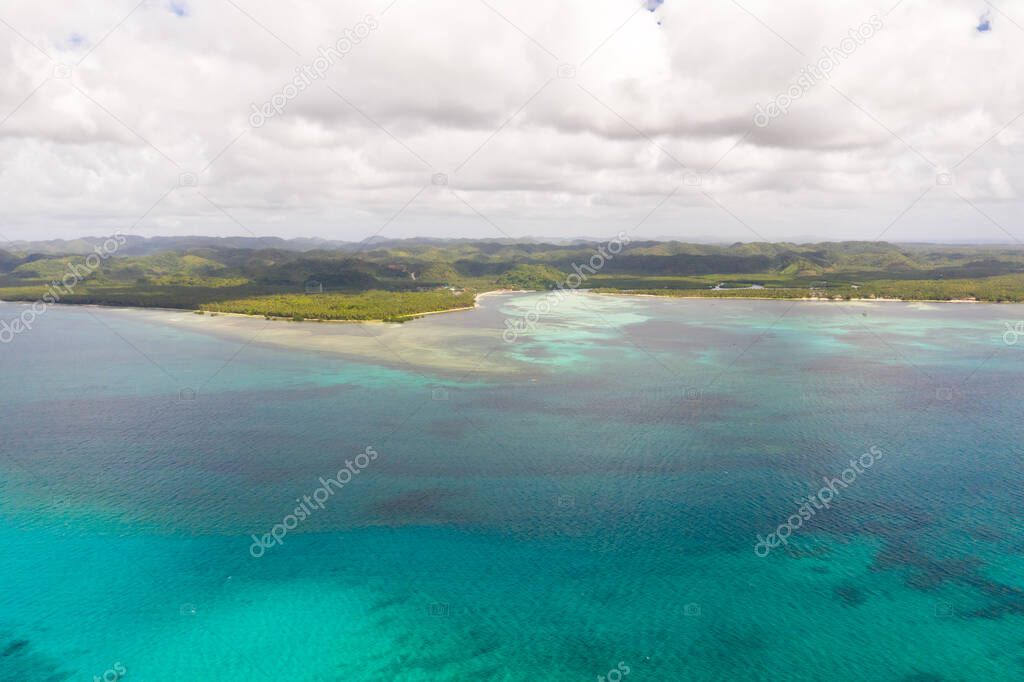 Beautiful lagoon near the island Siargao. Seascape, nature of the Philippines, view from above.
