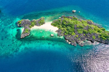 Beyaz kumlu sahil ve mavi şeffaf su ve mercan resifleriyle izole edilmiş küçük tropikal adanın havadan görünüşü. Lahos Adası, Caramoan Adaları, Filipinler.