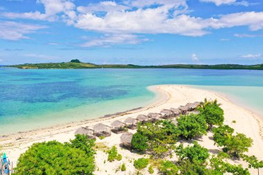 Palmiye ağaçları ve beyaz kumlu plajı olan tropik bir ada. Caramoan Adaları, Filipinler. Güzel adalar, yukarıdan manzara. Yaz ve seyahat tatili konsepti. Cotivas Adası Kulübesi.