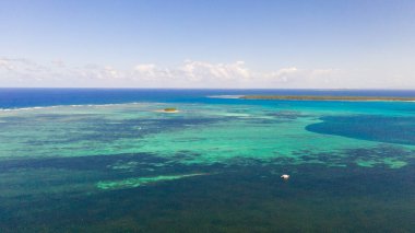 Mercan resifleri ve adaları olan deniz burnu. Tropik iklim ve Filipinler 'in doğası. Mercan adasında küçük bir ada.