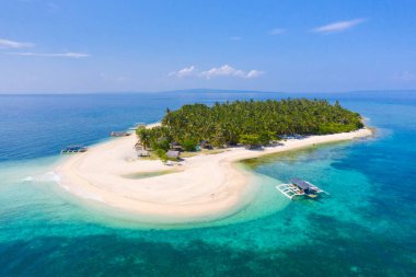 Yaz sahili manzarası. Tropik ada manzarası, muhteşem mavi denizi olan palmiye ağaçları. Digyo Adası, Filipinler. Tropikal plajı ve turkuaz gölleri olan bir ada..