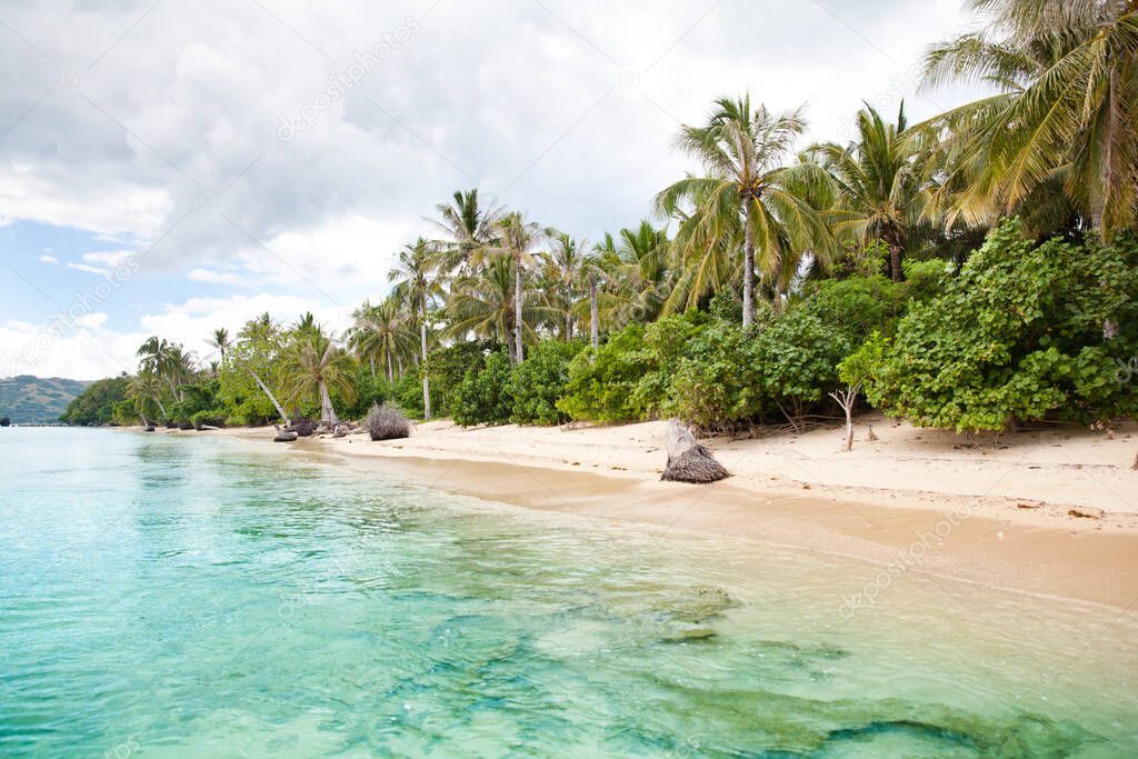 Tropical island with a white sandy beach. The nature of the Philippine Islands.