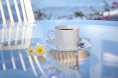 Sabahleyin masada bir fincan kahve ve frangipani çiçekleri. Cam bir masada beyaz fincan..