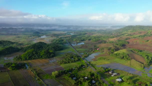 Paysage tropical avec terres agricoles et collines verdoyantes, vue aérienne. — Video