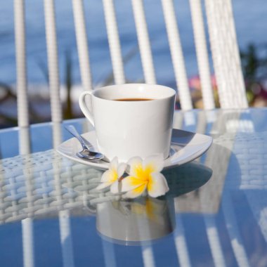 Sabahleyin masada bir fincan kahve ve frangipani çiçekleri. Cam bir masada beyaz fincan..