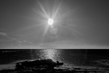 Sakin denizin üzerinde parlak güneşin siyah beyaz fotoğrafı