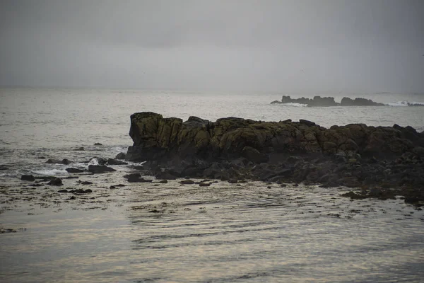 İzlanda 'nın Puslu Deniz Pelerininde Rocky Kıyı Alanı
