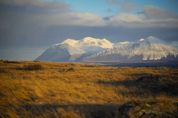 Karla kaplı dağlar ve İzlanda, Akranes yakınlarında altın tarlalar