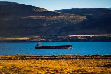 Ticari Wilson Kargo Gemisi Görkemli Engebeli Dağlar Altında Derin Mavi Fiyort Sularında Geziniyor