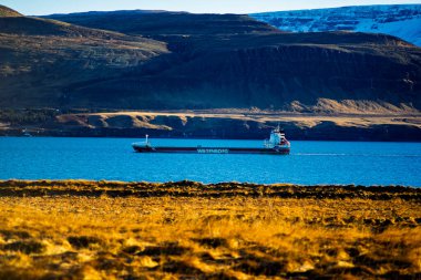 Büyük Ticari Kargo Gemisi Engebeli Dağları ve Altın Tundrası olan Kuzey fiyortlarında Geziniyor
