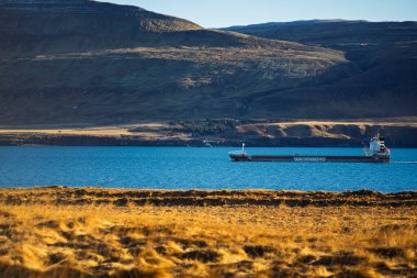 Geniş Kargo Gemisi Engebeli Dağları ve Altın Kıyı Arazisi ile Sahne Fiyortlarında Geziniyor