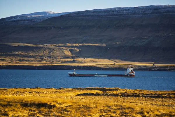Geniş Wagenborg Kargo Gemisi Dağlı ve Altın Tundralı Sahilsel Fiyortta Geziniyor