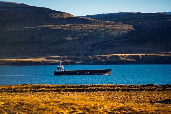 Ticari Wilson Kargo Gemisi Görkemli Engebeli Dağlar Altında Derin Mavi Fiyort Sularında Geziniyor